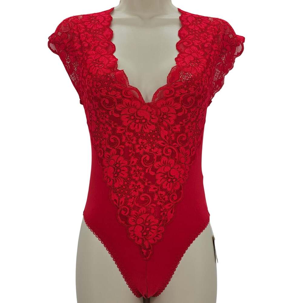 Free People We Are HAH Womans size XS Lady Like Bodysuit Rouge Red Lace NEW